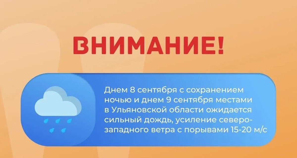 Сильный дождь и ветер до 20 м/с ожидаются в Ульяновской области 8 и 9 сентября